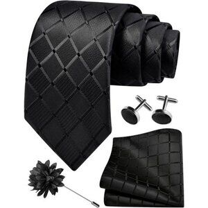 Mens Plaid Tie Set with Pocket Square Cufflinks Lapel Pin Formal Necktie